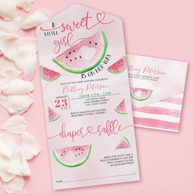Watermelon Baby Shower Pink Diaper Raffle All In One Invitation (This exquisitely designed invitation captures the essence of summer with its vibrant watercolor.)