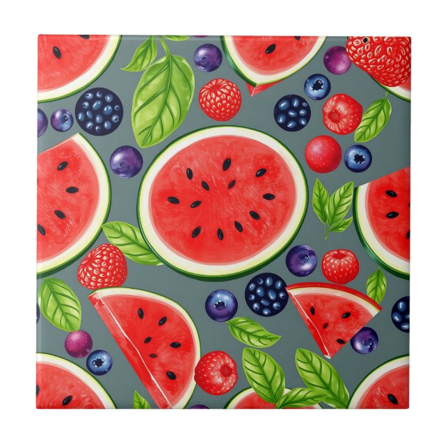 Watermelon Berry Summer Pattern Ceramic Tile (Front)