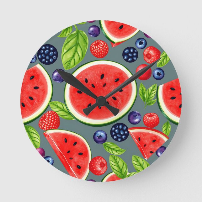 Watermelon Berry Summer Pattern Round Clock (Front)