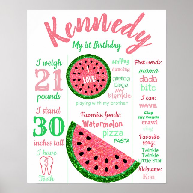 Watermelon birthday Poster, Milestone chalkboard Poster (Front)