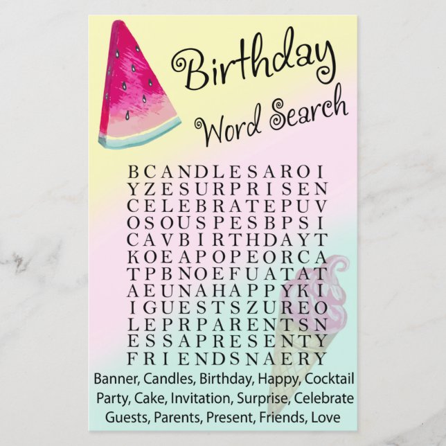 Watermelon Birthday word search game (Front)