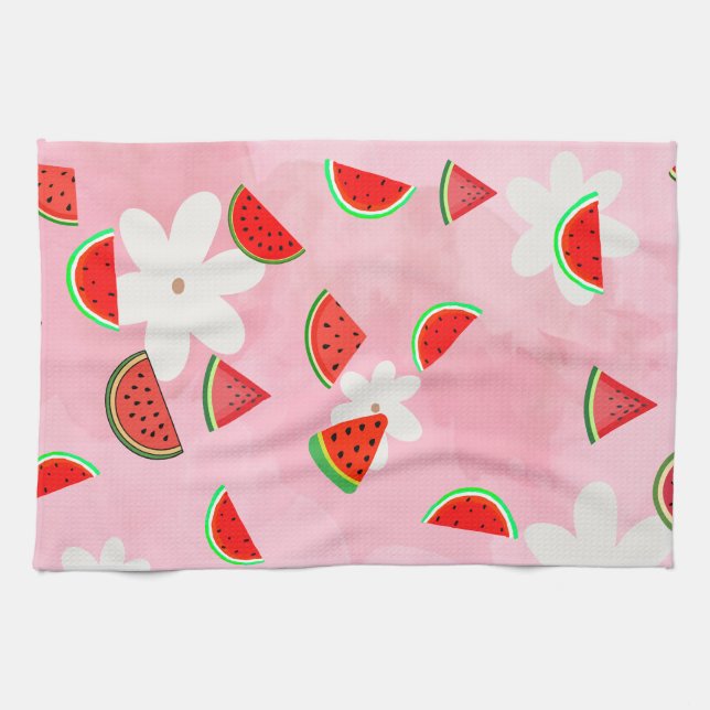 "Watermelon Bloom – Fun Summer Floral Pattern" Tea Towel (Horizontal)