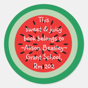 Watermelon Cartoon Art Schoolbook Book Belongs To Classic Round Sticker