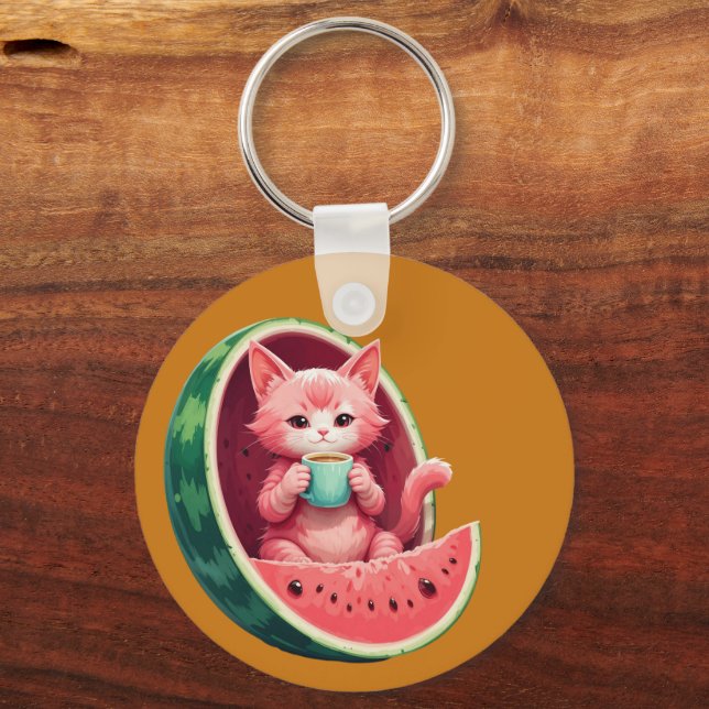 Watermelon Cat Coffee Break Key Ring (Front)