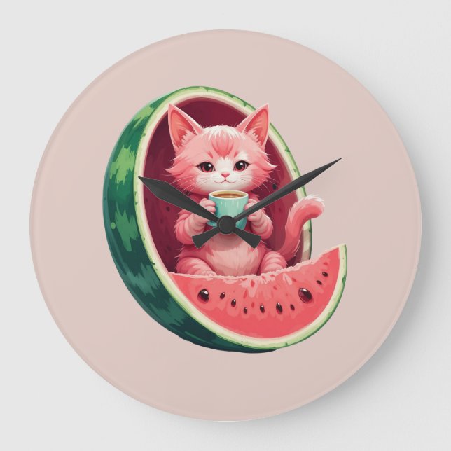 Watermelon Cat Coffee Break Large Clock (Front)