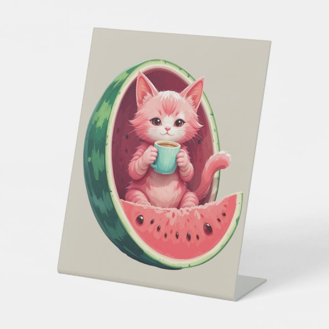 Watermelon Cat Coffee Break Pedestal Sign (Front)
