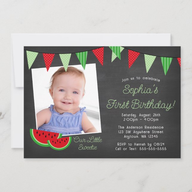 Watermelon Chalkboard Photo Birthday Invitation (Front)