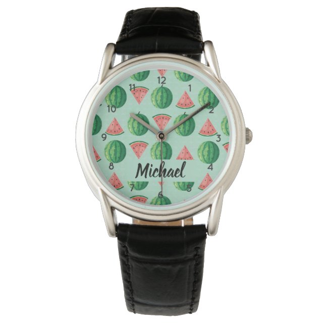 Watermelon Custom Name Stylish Trendy Black   Watch (Front)
