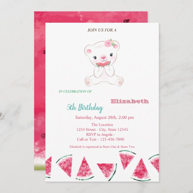 Watermelon,Cute Teddy Bear Summer Party Birthday  Invitation (Front/Back)