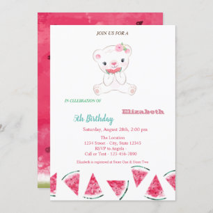 Watermelon,Cute Teddy Bear Summer Party Birthday Invitation
