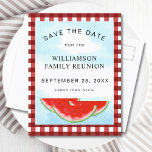 Watermelon Family Reunion Save The Date Announcement Postcard<br><div class="desc">Are you planning a family reunion?
Let your family know the date with these Save the Date postcards.
They are decorated with watercolor watermelons and blue sky on a red and white buffalo check background.
Easily customisable.
Original Watercolor © Michele Davies.</div>