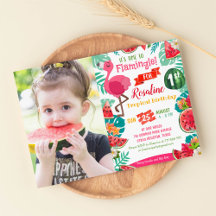 Watermelon Flamingo Birthday Photo Invitation