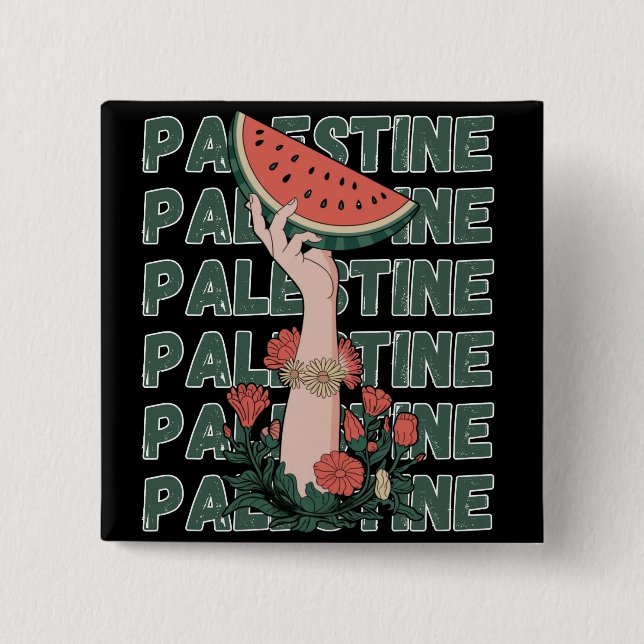 watermelon, flowers, and  palestine text Repeat  15 Cm Square Badge (Front)