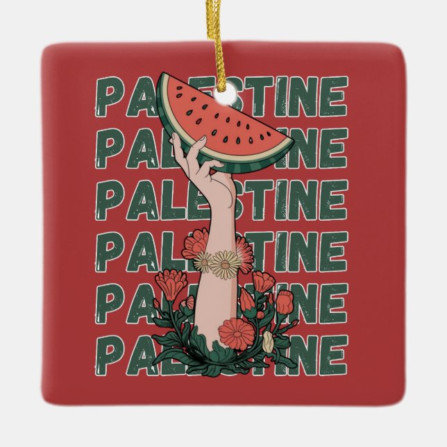 watermelon, flowers, and  palestine text Repeat  Ceramic Ornament (Front)
