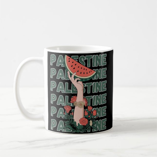 watermelon, flowers, and  palestine text Repeat  Coffee Mug (Left)