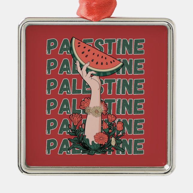watermelon, flowers, and  palestine text Repeat  Metal Ornament (Front)