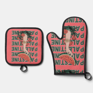 watermelon, flowers, and palestine text Repeat Oven Mitt & Pot Holder Set