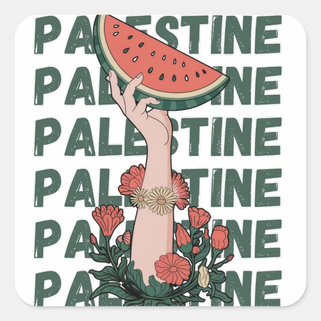 watermelon, flowers, and  palestine text Repeat  Square Sticker (Front)