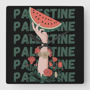 watermelon, flowers, and  palestine text Repeat  Square Wall Clock