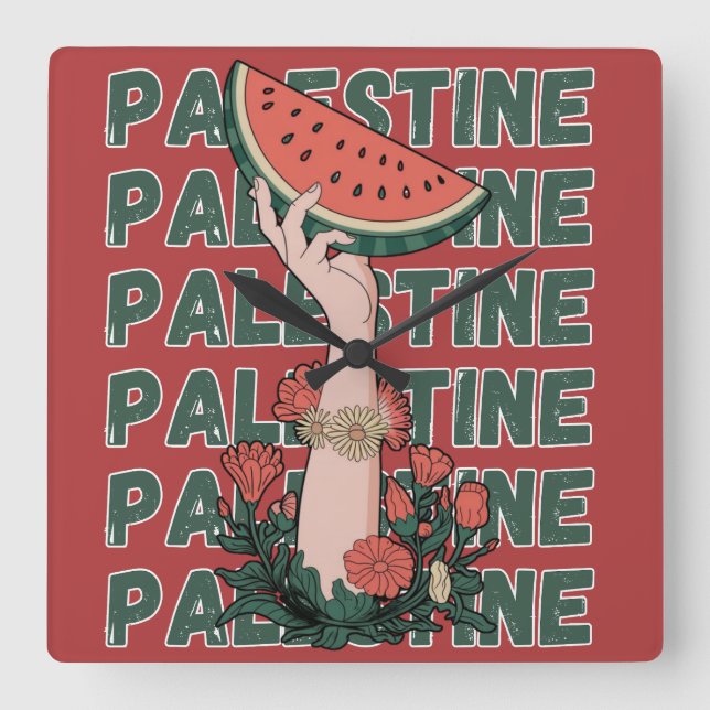 watermelon, flowers, and  palestine text Repeat  Square Wall Clock (Front)