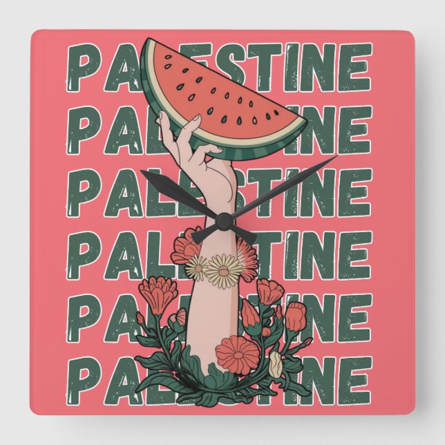 watermelon, flowers, and  palestine text Repeat  Square Wall Clock (Front)