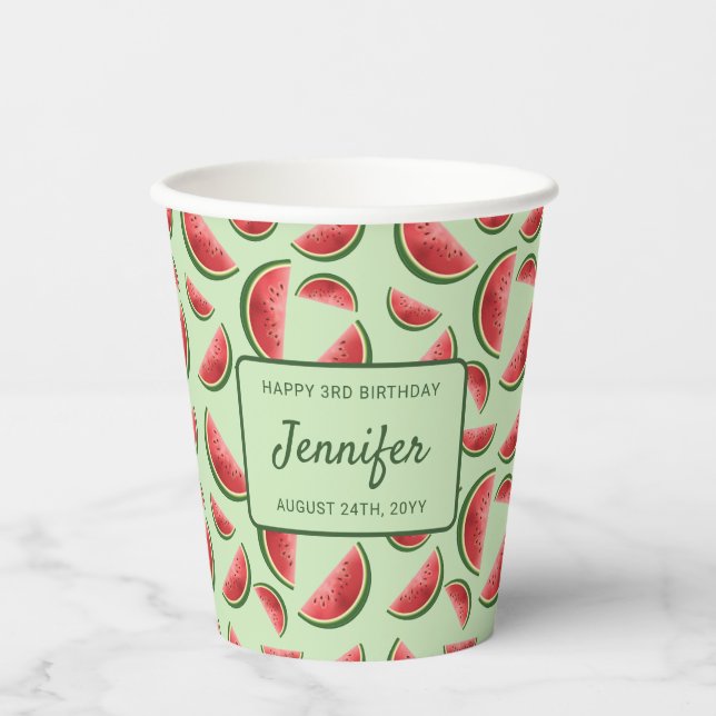Watermelon Fruit Pattern On Green Custom Birthday Paper Cups (Front)
