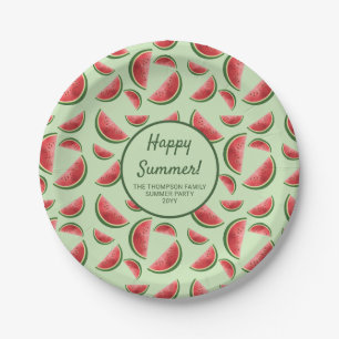 Watermelon Fruit Pattern On Green Summer Party Paper Plate