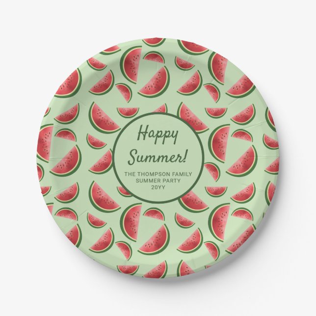 Watermelon Fruit Pattern On Green Summer Party Paper Plate (Front)