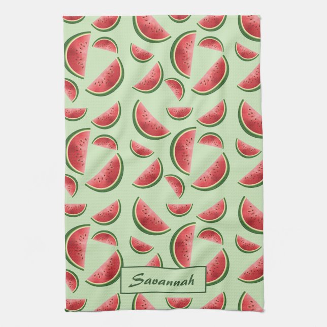 Watermelon Fruit Pattern On Green With Custom Name Tea Towel (Vertical)