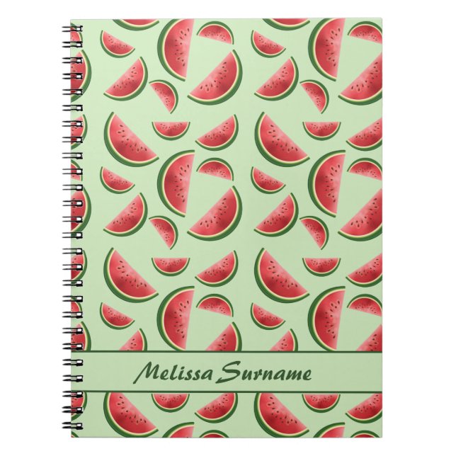 Watermelon Fruit Pattern On Green With Custom Text Notebook (Front)