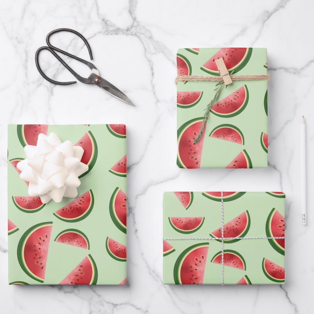 Watermelon Fruit Pattern On Green Wrapping Paper Sheet (Front)