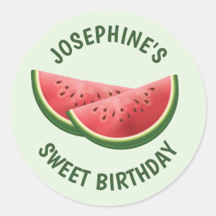 Watermelon Fruit Slices On Green And Text Birthday Classic Round Sticker