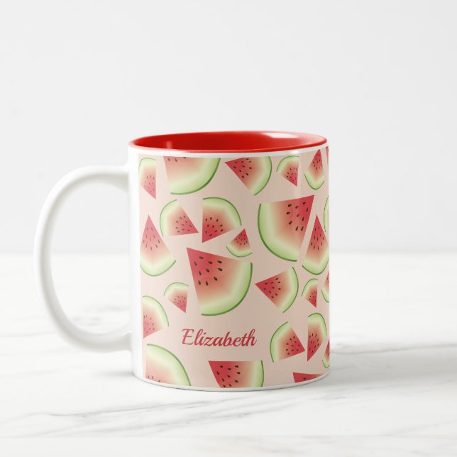 Watermelon Fruit Slices Pattern And Custom Name Two-Tone Coffee Mug (Left)