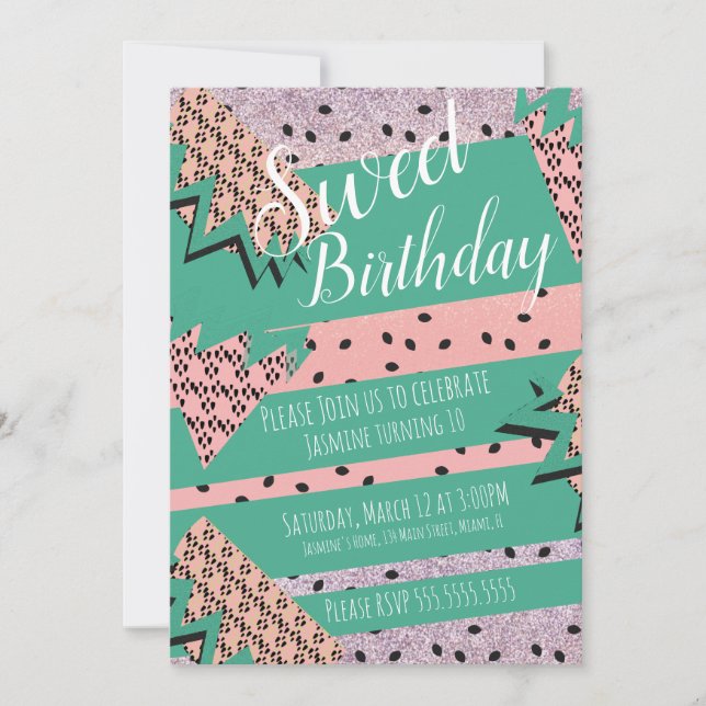 Watermelon Geometrical Pink Glitter Birthday Party Invitation (Front)