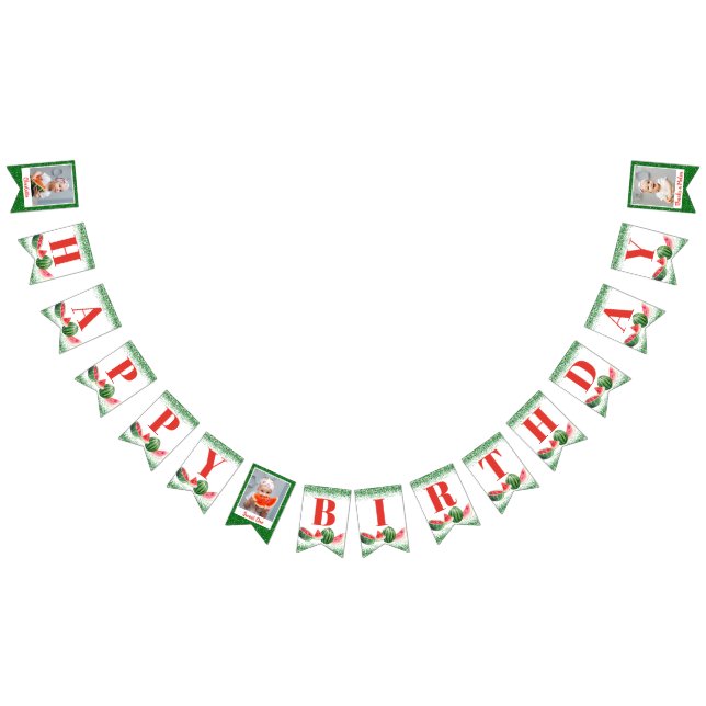 Watermelon Green Glitter Custom 3 Photo Birthday Bunting (All)