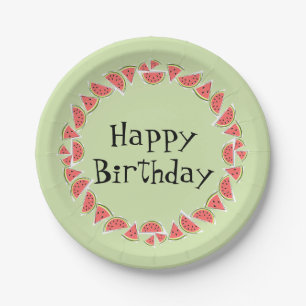 Watermelon Green Pieces Circle Happy Birthday Paper Plate