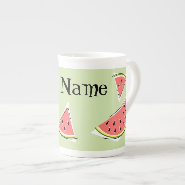 Watermelon Green Pieces Name Bone China Mug (Front Right)