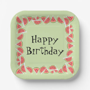 Watermelon Green Pieces Square Birthday Paper Plate