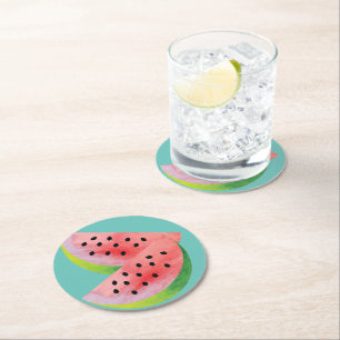 Watermelon Halves Pink Round Paper Coaster