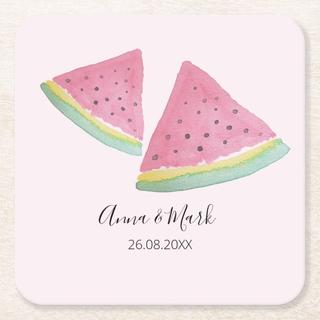 Watermelon Illustration Watercolor Hand-painted Square Paper Coaster (Front)