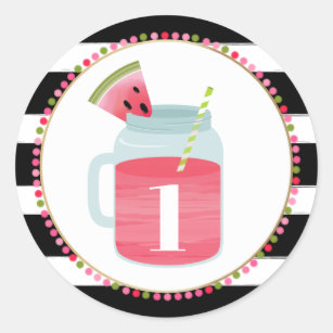 Watermelon Mason Jar Drink Black + White Birthday Classic Round Sticker