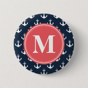 Watermelon Monogrammed Navy Blue Anchor Pattern 6 Cm Round Badge