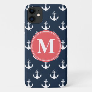 Watermelon Monogrammed Navy Blue Anchor Pattern iPhone 11 Case
