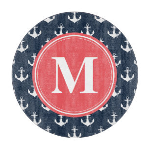 Watermelon Monogrammed Navy Blue Anchor Pattern Cutting Board