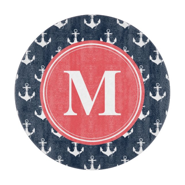 Watermelon Monogrammed Navy Blue Anchor Pattern Cutting Board (Front)