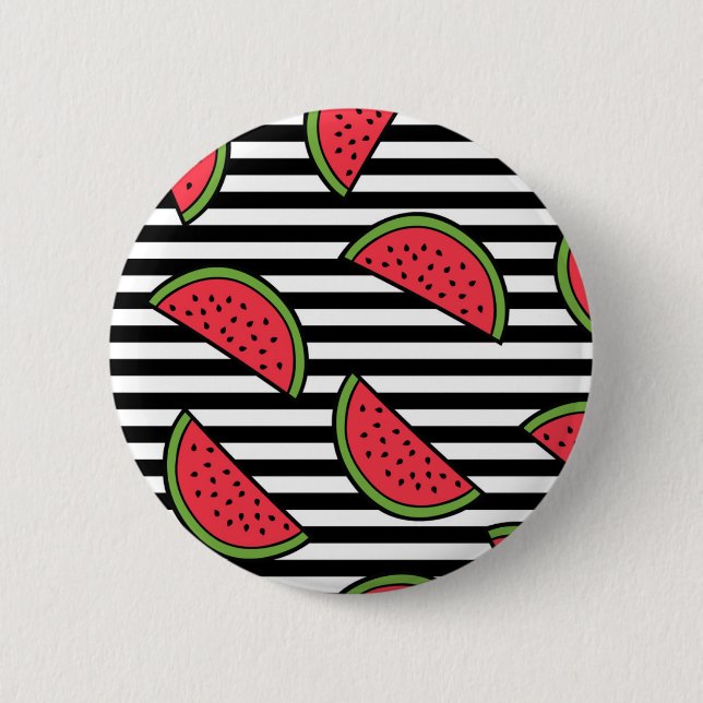 Watermelon on Black & White Stripes Pattern 6 Cm Round Badge (Front)