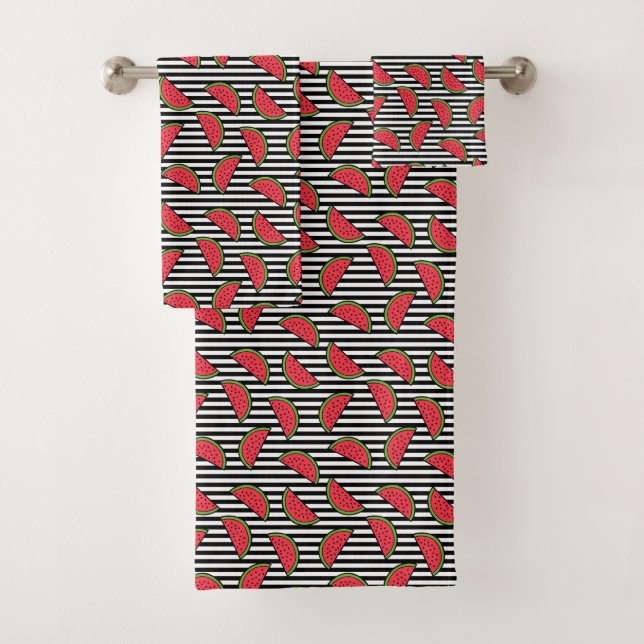 Watermelon on Black & White Stripes Pattern Bath Towel Set (Insitu)
