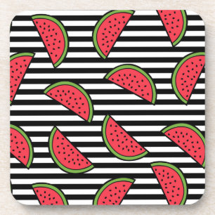 Watermelon on Black & White Stripes Pattern Coaster