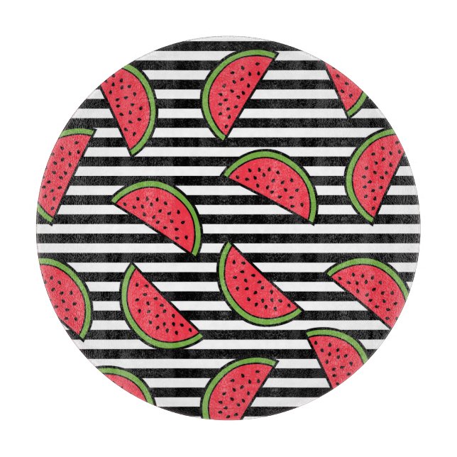 Watermelon on Black & White Stripes Pattern Cutting Board (Front)