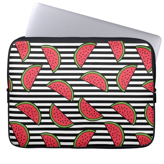 Watermelon on Black & White Stripes Pattern Laptop Sleeve (Front)